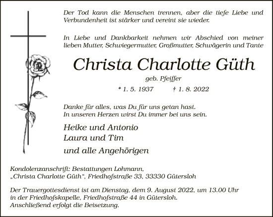 Traueranzeige von Christa Charlotte Güth von Neue Westfälische