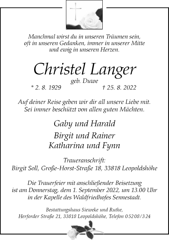 Traueranzeige von Christel Langer von Neue Westfälische
