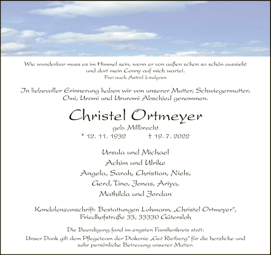 Traueranzeige von Christel Ortmeyer von Neue Westfälische