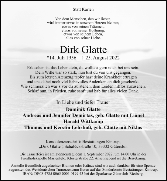 Traueranzeige von Dirk Glatte von Neue Westfälische