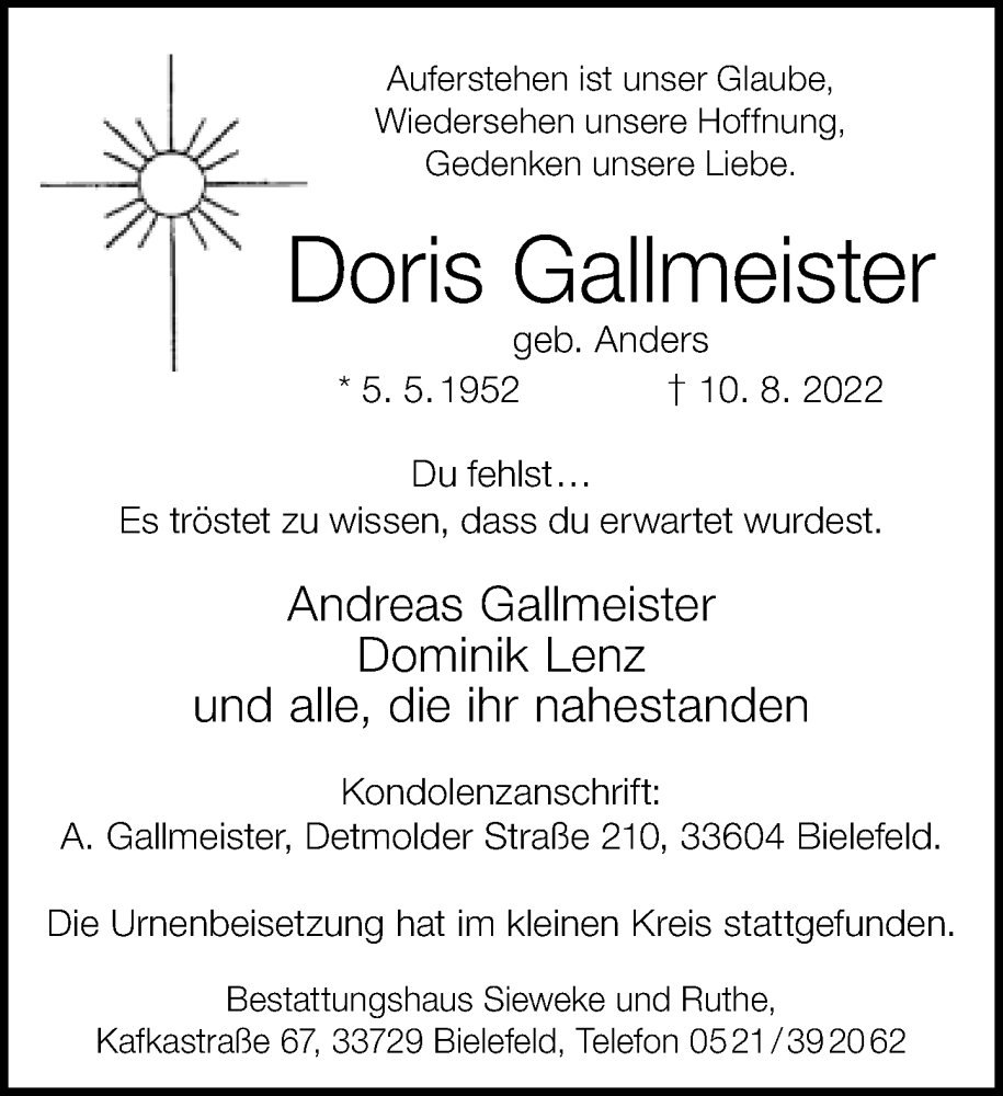  Traueranzeige für Doris Gallmeister vom 27.08.2022 aus Neue Westfälische