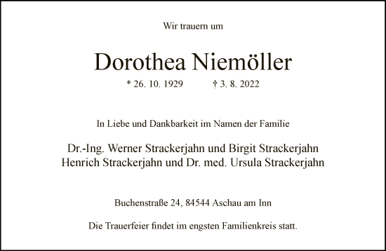 Traueranzeige von Dorothea Niemöller von Neue Westfälische