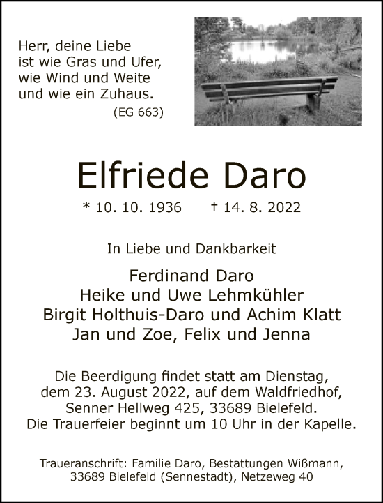 Traueranzeige von Elfriede Daro von Neue Westfälische
