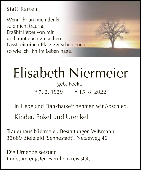 Traueranzeige von Elisabeth Niermeier von Neue Westfälische