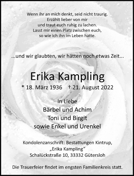Traueranzeige von Erika Kampling von Neue Westfälische