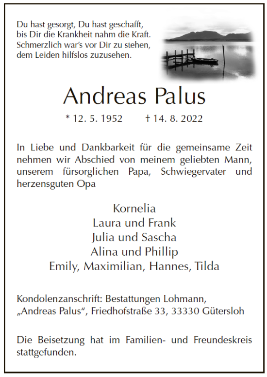 Traueranzeige von Andreas Palus von Neue Westfälische
