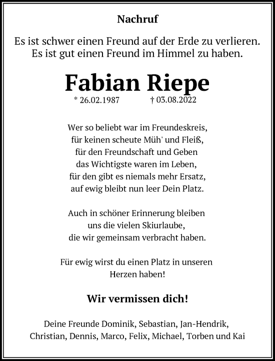Traueranzeige von Fabian Riepe von Neue Westfälische