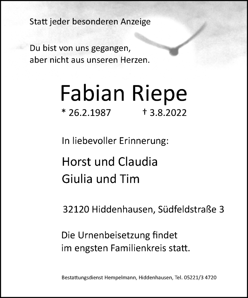  Traueranzeige für Fabian Riepe vom 13.08.2022 aus Neue Westfälische