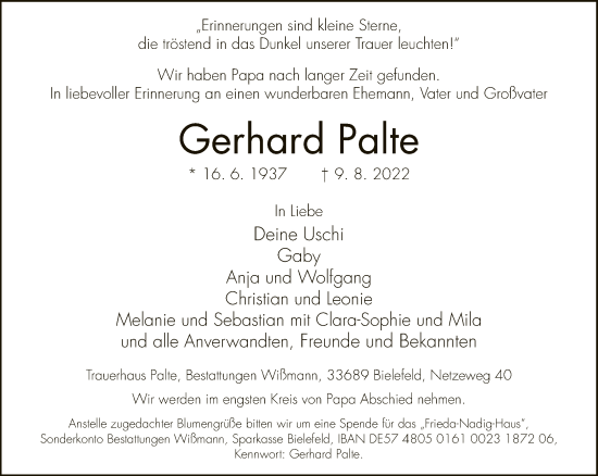 Traueranzeige von Gerhard Palte von Neue Westfälische