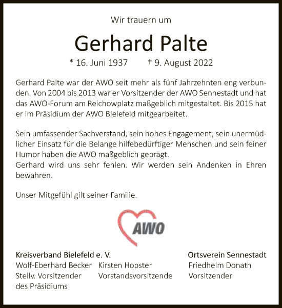 Traueranzeige von Gerhard Palte von Neue Westfälische