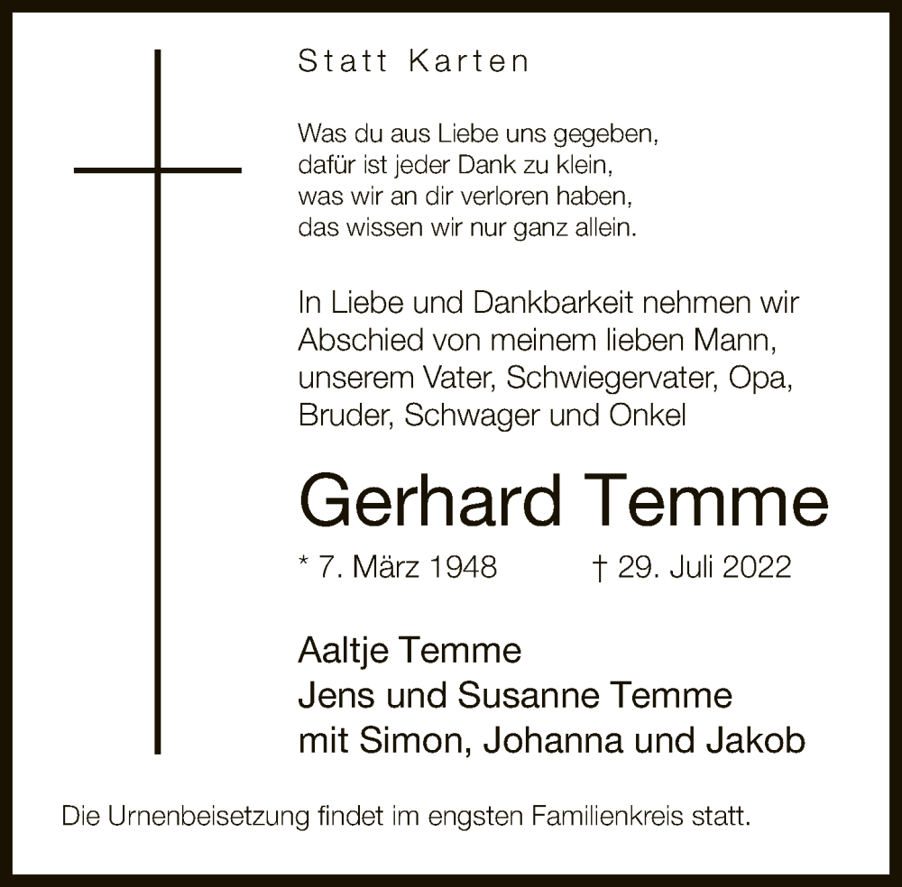  Traueranzeige für Gerhard Temme vom 06.08.2022 aus Neue Westfälische