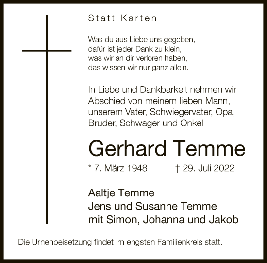 Traueranzeige von Gerhard Temme von Neue Westfälische