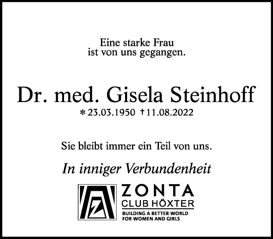 Traueranzeige von Gisela Steinhoff von Neue Westfälische