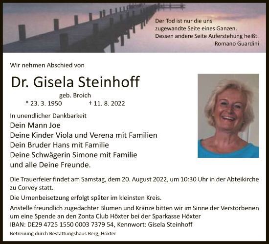 Traueranzeige von Gisela Steinhoff von Neue Westfälische
