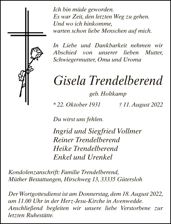 Traueranzeige von Gisela Trendelberend von Neue Westfälische