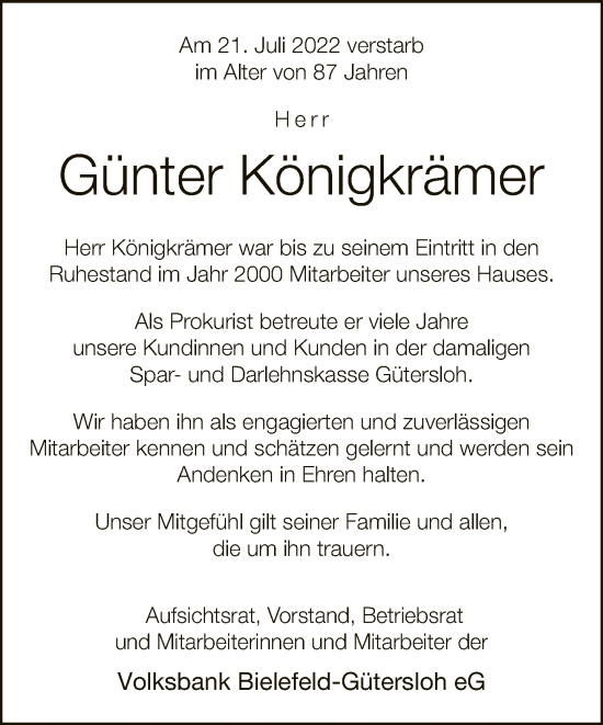 Traueranzeige von Günter Königkrämer von Neue Westfälische