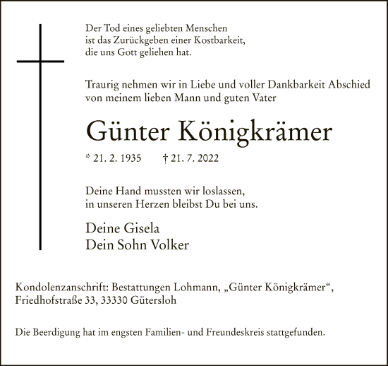 Traueranzeige von Günter Königkrämer von Neue Westfälische