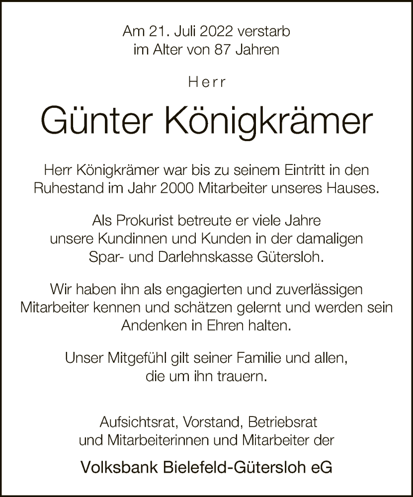 Traueranzeige für Günter Königkrämer vom 03.08.2022 aus Neue Westfälische