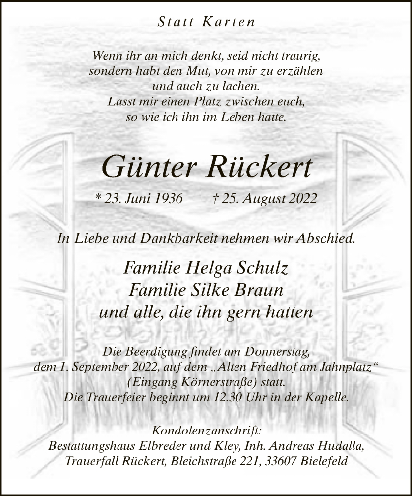 Traueranzeige für Günter Rückert vom 27.08.2022 aus Neue Westfälische