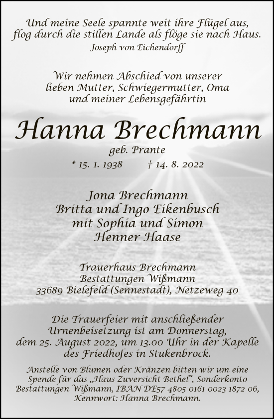 Traueranzeige von Hanna Brechmann von Neue Westfälische