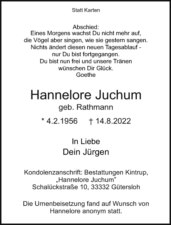 Traueranzeige von Hannelore Juchum von Neue Westfälische