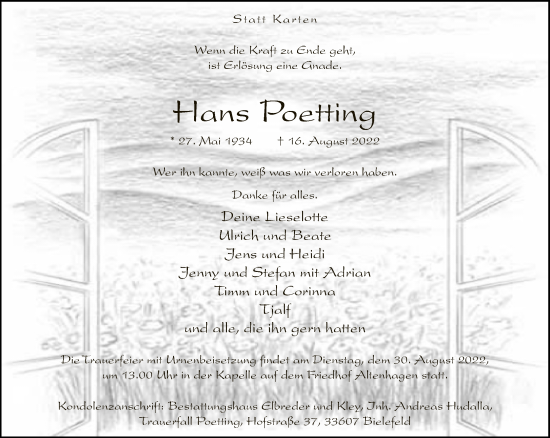 Traueranzeige von Hans Poetting von Neue Westfälische