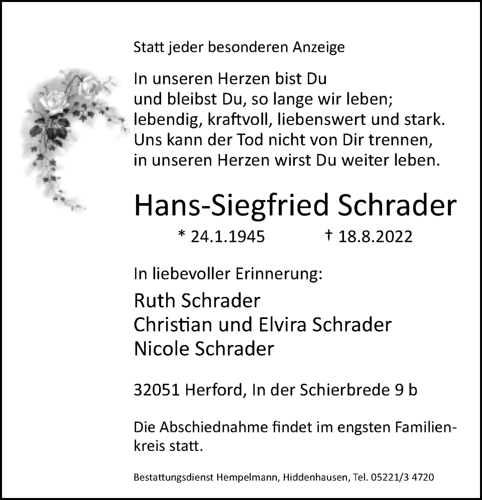  Traueranzeige für Hans-Siegfried Schrader vom 20.08.2022 aus Neue Westfälische