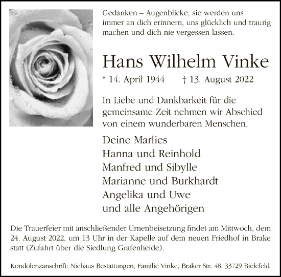 Traueranzeige von Hans Wilhelm Vinke von Neue Westfälische