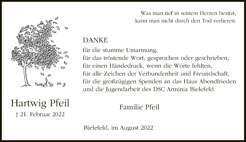  Traueranzeige für Hartwig Pfeil vom 27.08.2022 aus Neue Westfälische