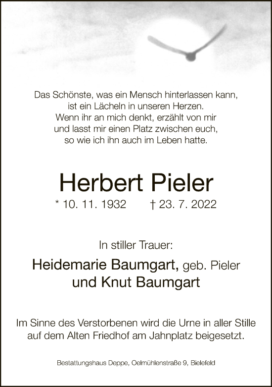 Traueranzeige von Herbert Pieler von Neue Westfälische