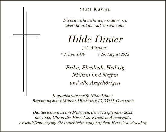 Traueranzeige von Hilde Dinter von Neue Westfälische