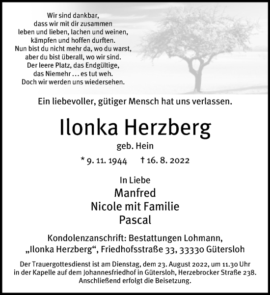 Traueranzeige von Ilonka Herzberg von Neue Westfälische