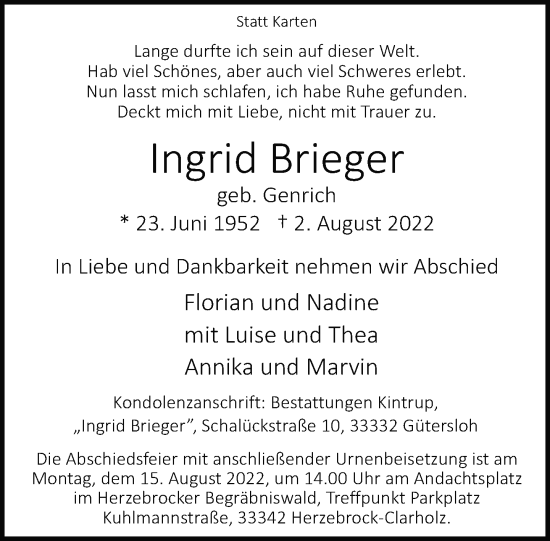 Traueranzeige von Ingrid Brieger von Neue Westfälische