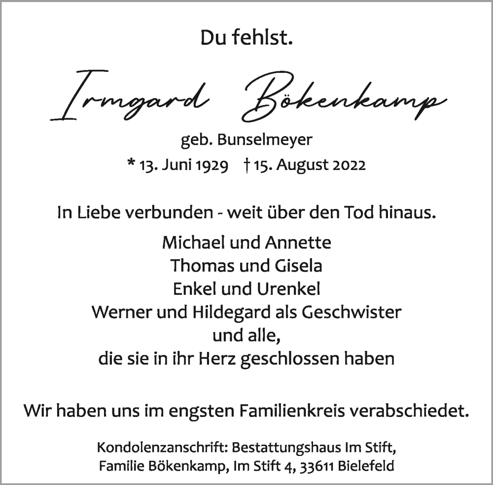  Traueranzeige für Irmgard Bökenkamp vom 27.08.2022 aus Neue Westfälische