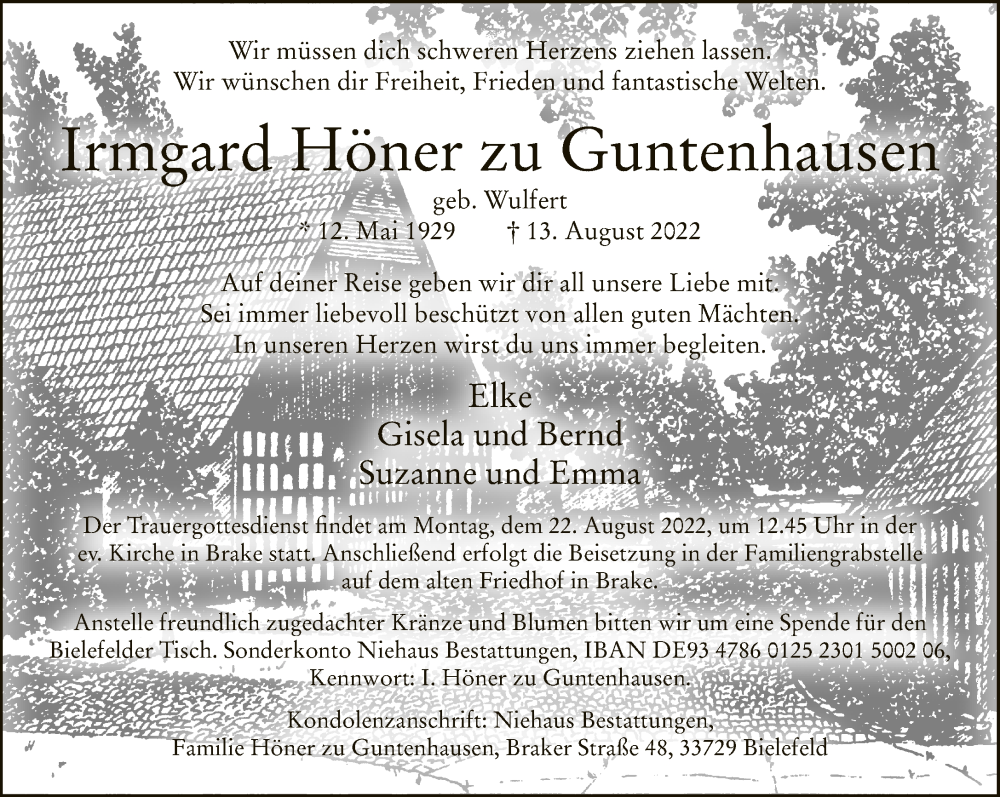  Traueranzeige für Irmgard Höner zu Guntenhausen vom 17.08.2022 aus Neue Westfälische