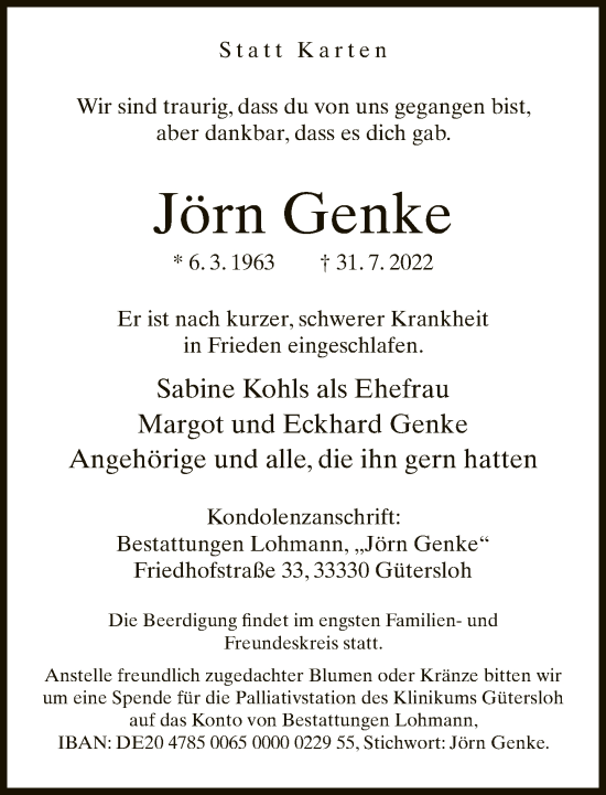 Traueranzeige von Jörn Genke von Neue Westfälische