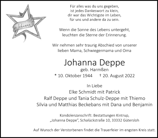 Traueranzeige von Johanna Deppe von Neue Westfälische