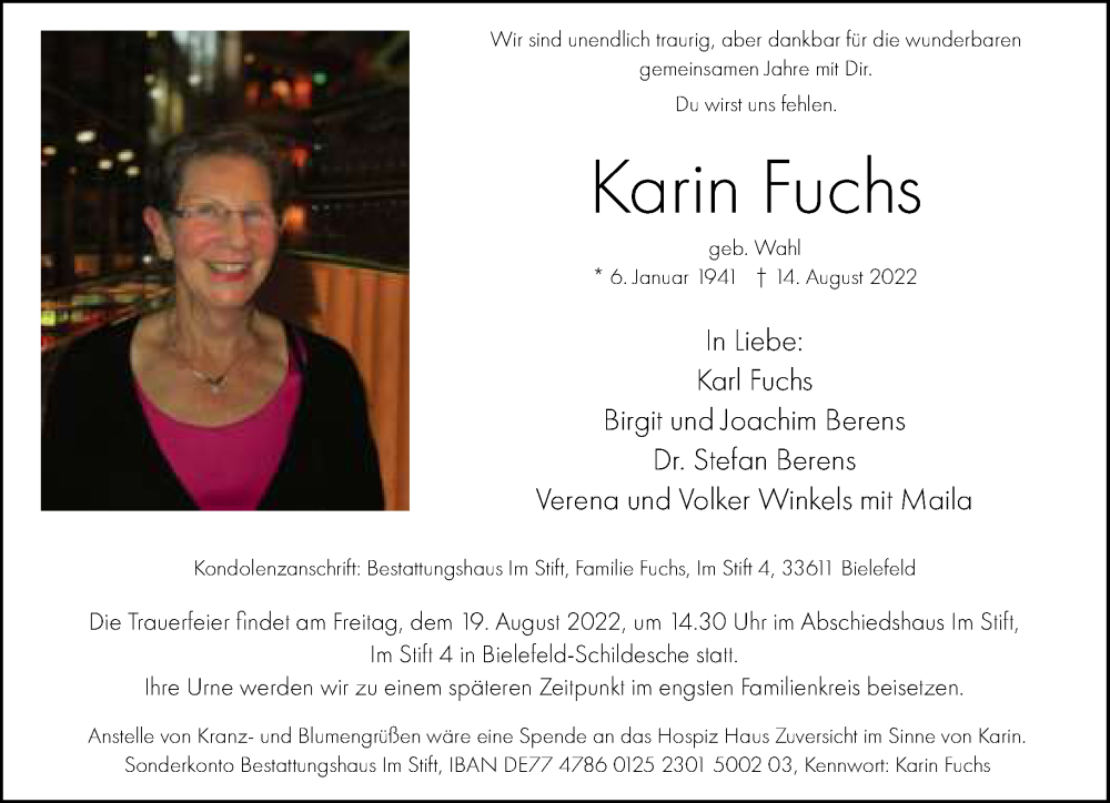  Traueranzeige für Karin Fuchs vom 17.08.2022 aus Neue Westfälische