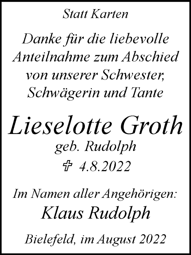  Traueranzeige für Lieselotte Groth vom 27.08.2022 aus Neue Westfälische