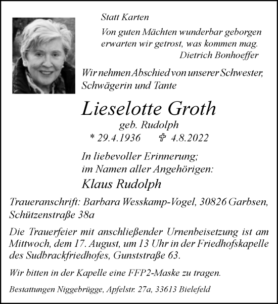 Traueranzeige von Lieselotte Groth von Neue Westfälische