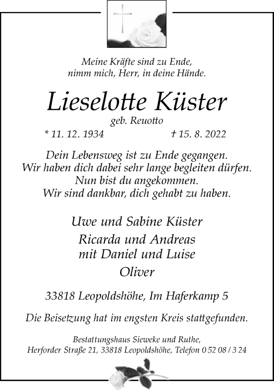 Traueranzeige von Lieselotte Küster von Neue Westfälische