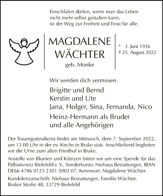 Traueranzeige von Magdalene Wächter von Neue Westfälische