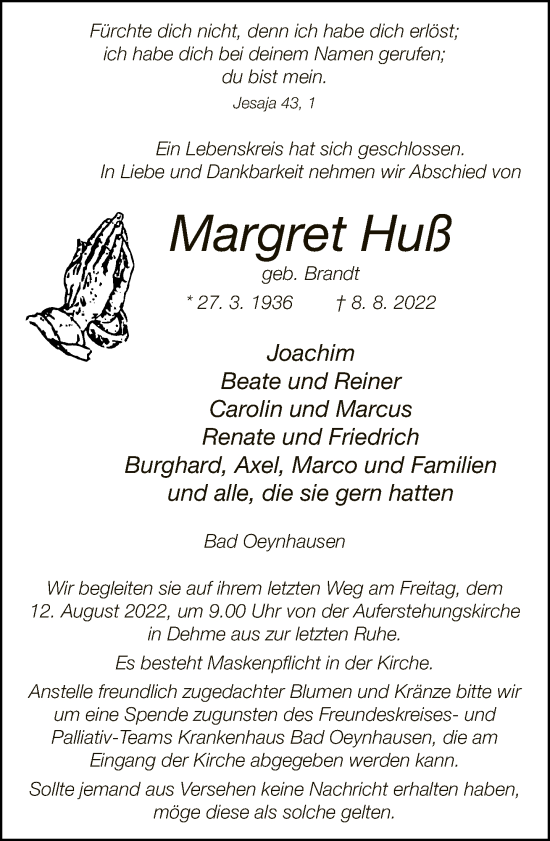 Traueranzeige von Margret Huß von Neue Westfälische