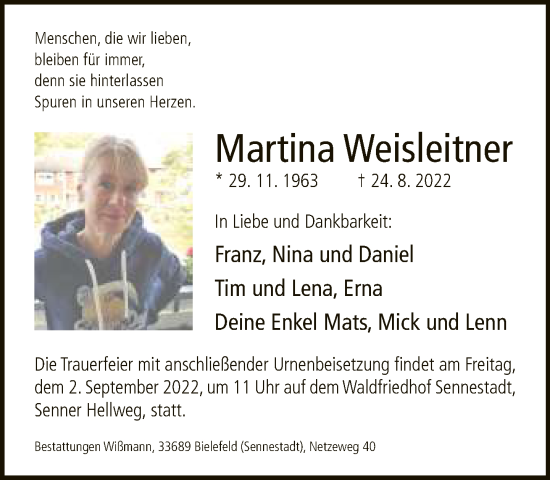 Traueranzeige von Martina Weisleitner von Neue Westfälische