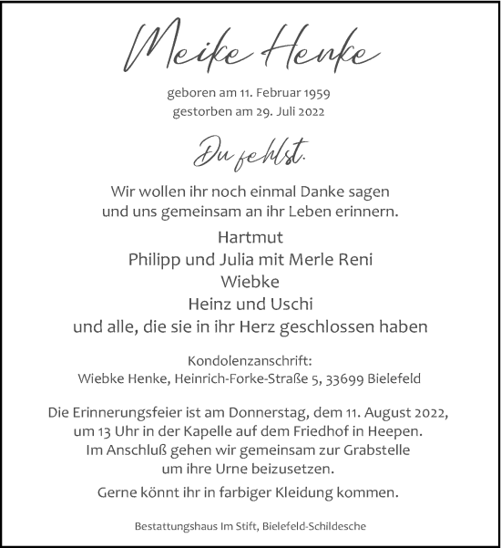 Traueranzeige von Meike Henke von Neue Westfälische