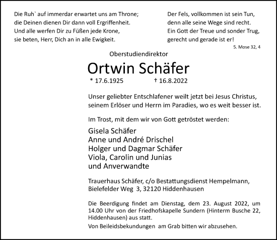 Traueranzeige von Ortwin Schäfer von Neue Westfälische