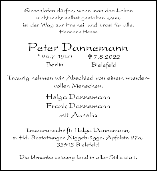 Traueranzeige von Peter Dannemann von Neue Westfälische