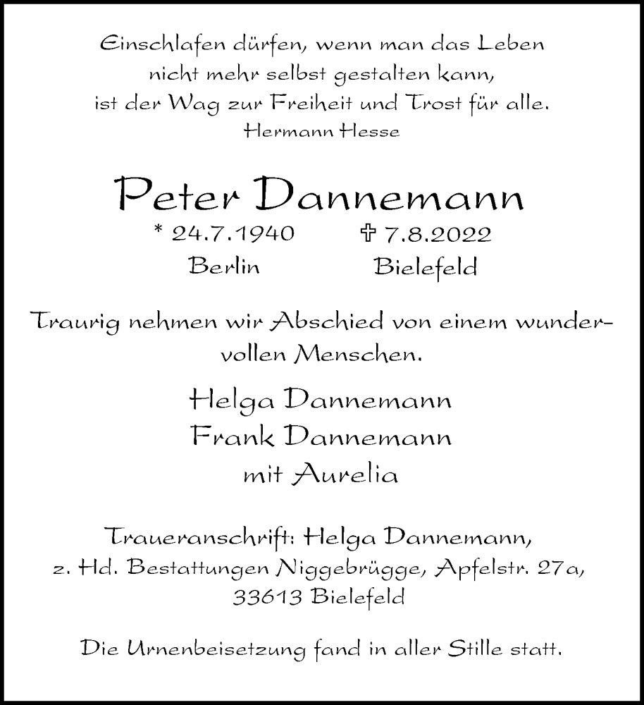  Traueranzeige für Peter Dannemann vom 20.08.2022 aus Neue Westfälische