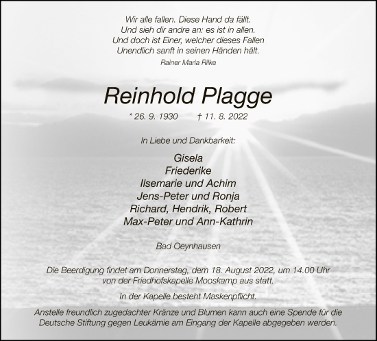 Traueranzeige von Reinhold Plagge von Neue Westfälische