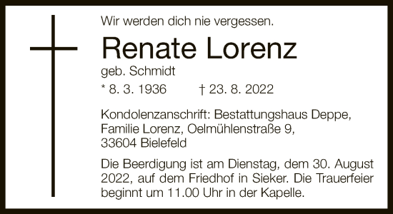 Traueranzeige von Renate Lorenz von Neue Westfälische